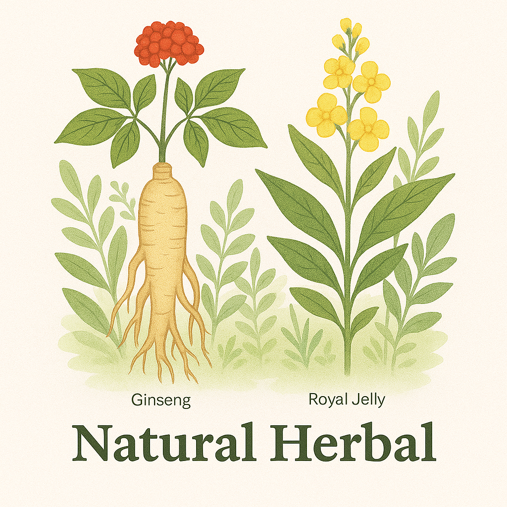 Illustration of ginseng and royal jelly plants