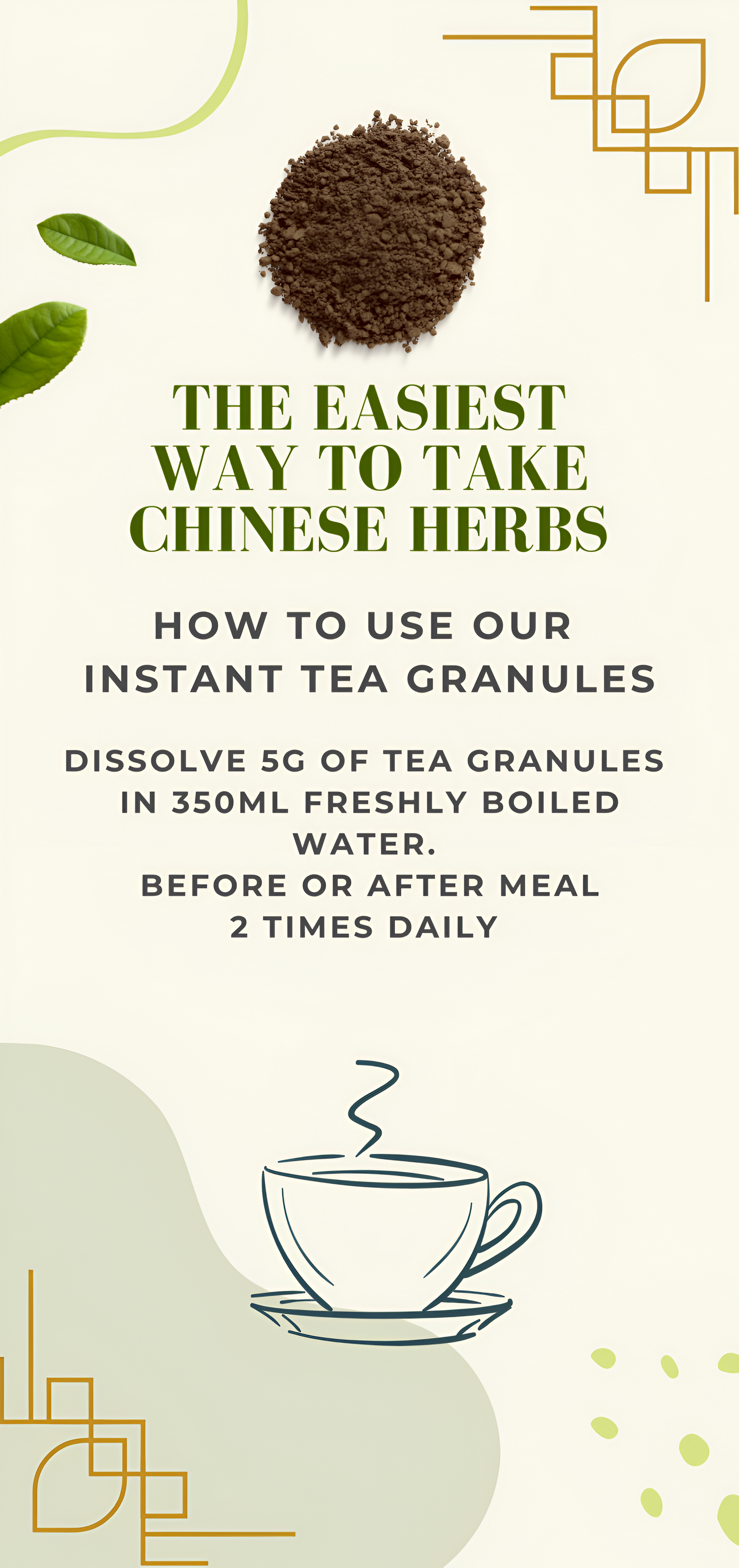 Instructions for using instant tea granules with a cup of tea illustration on a white background.