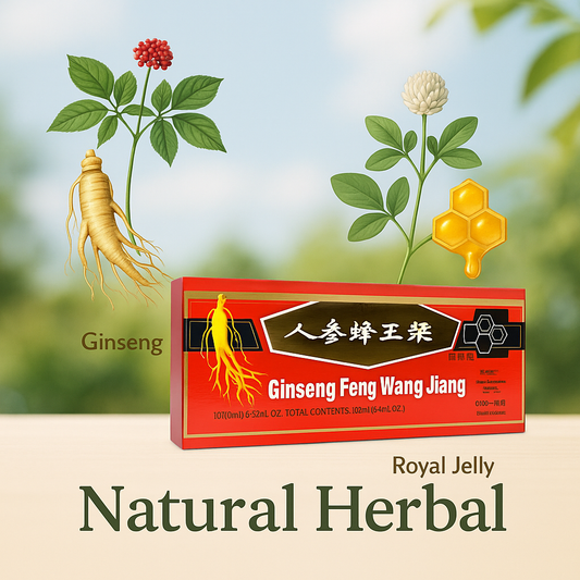 Box of Ginseng Feng Wang Jiang with an illustration of ginseng root and a honey comb